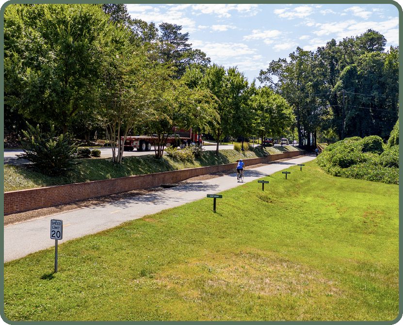 Paved section of the Swamp Rabbit Trail in Greenville, South Carolina, lined with trees
