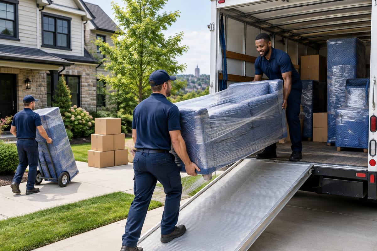 Professional local hauling crew loading wrapped furniture into a moving truck