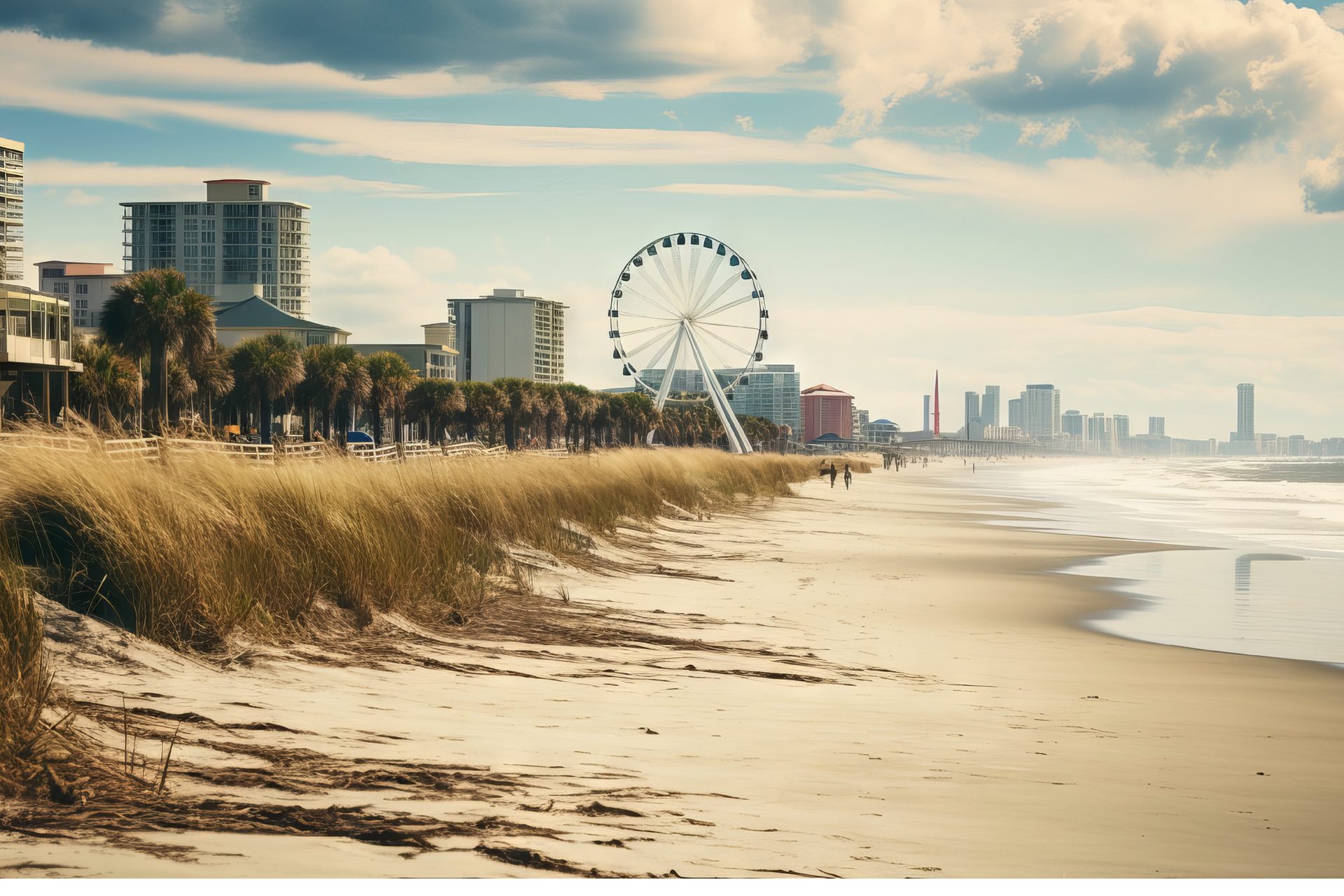 Myrtle Beach shoreline with dune grass and a Ferris wheel