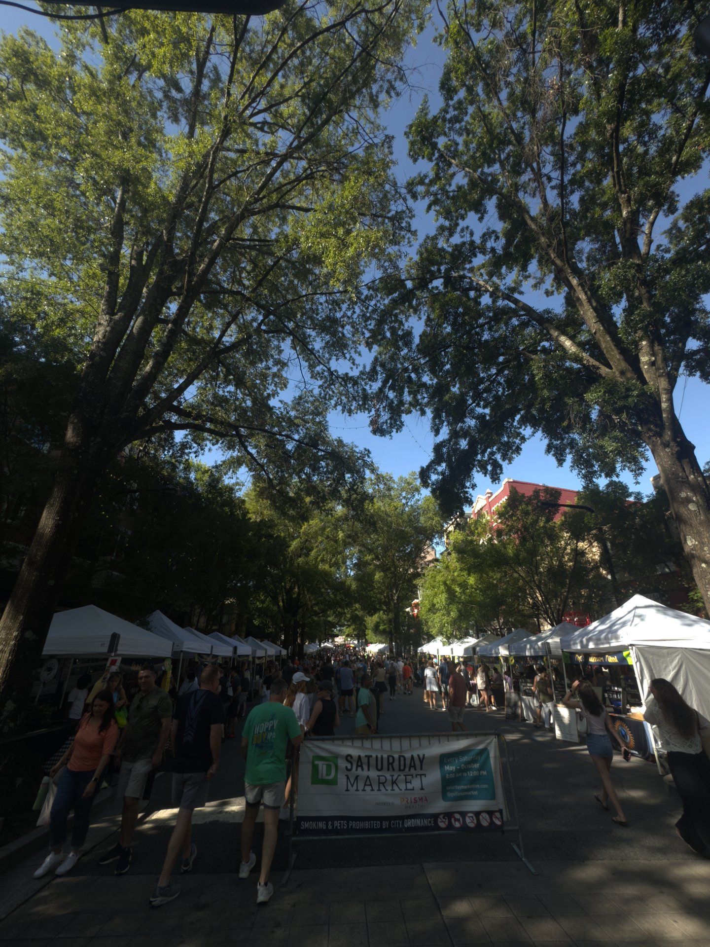Vendor tents and shoppers at the TD Saturday Market on Main Street in downtown Greenville