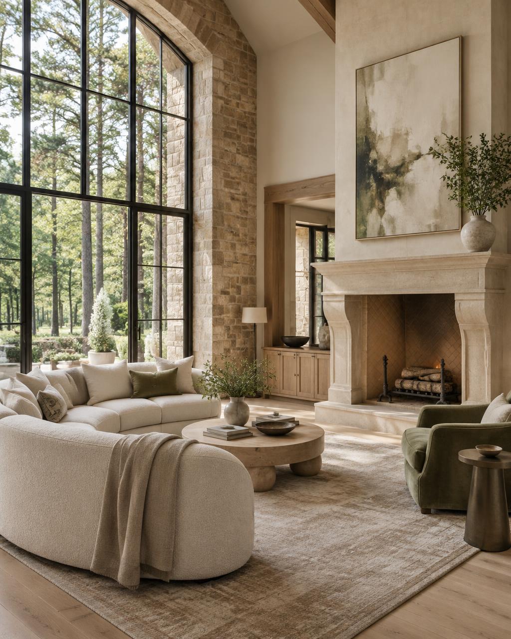 Luxury interior concept with a limestone fireplace, sculptural furnishings, and tall windows overlooking woodland