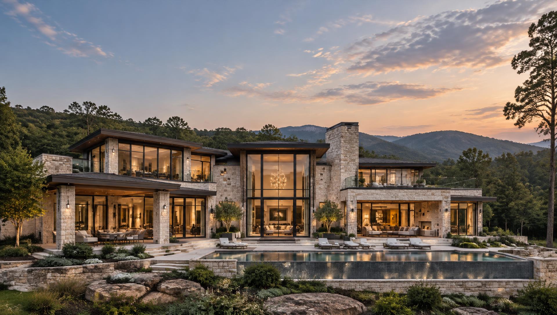 Architectural concept of a luxury stone residence with an illuminated pool terrace and wooded foothills