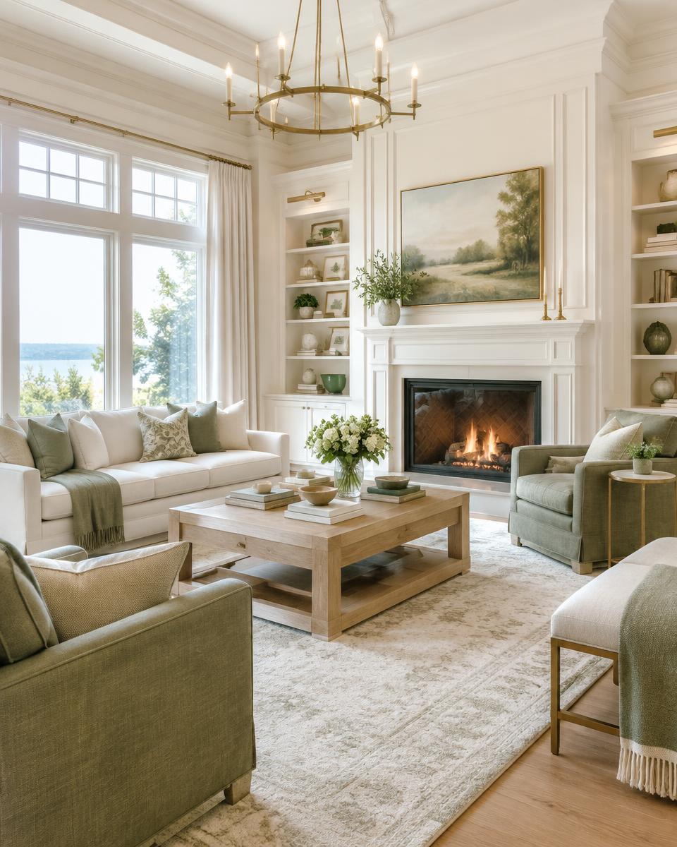 Bright, styled living room with a fireplace, prepared for listing photography