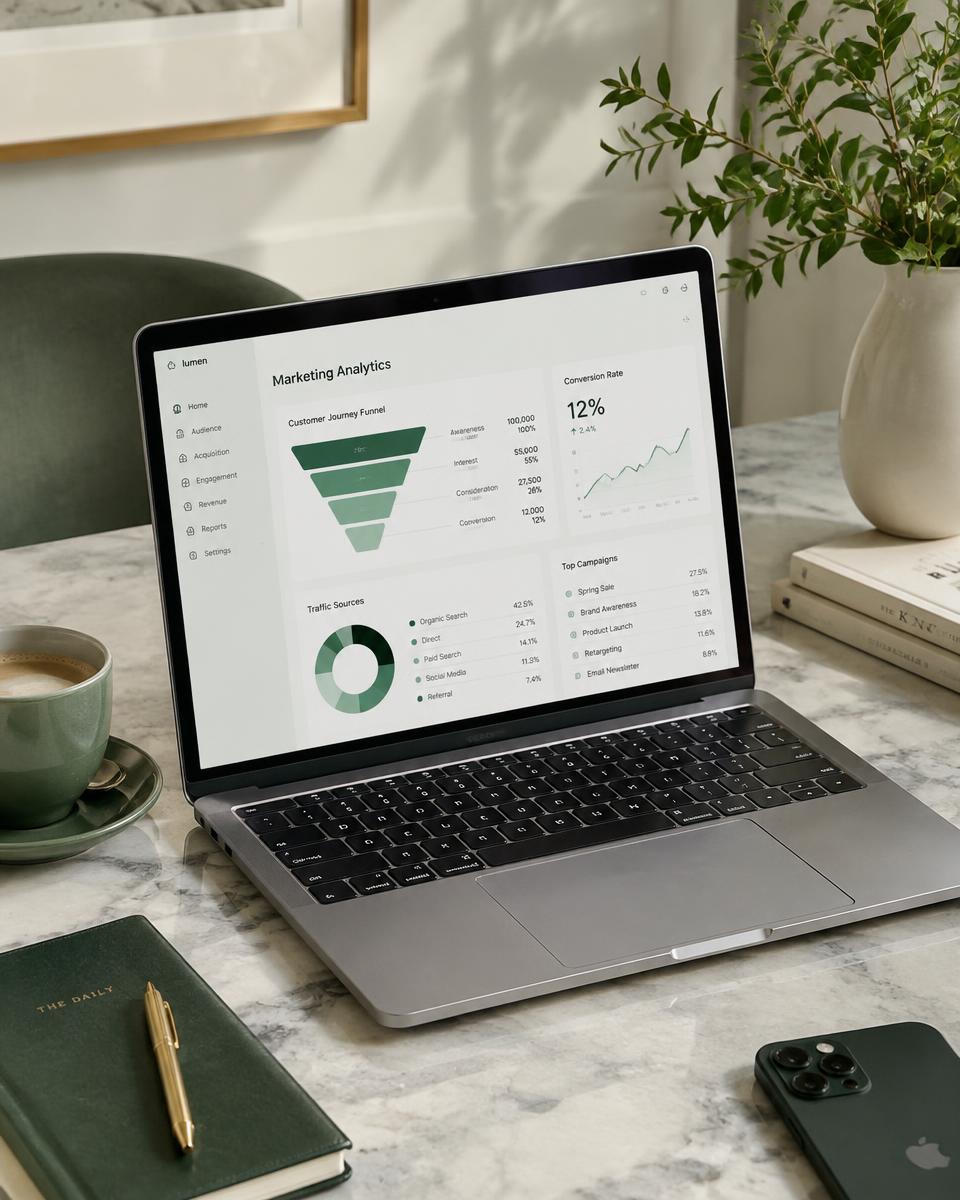 Laptop showing a marketing funnel dashboard on a marble desk