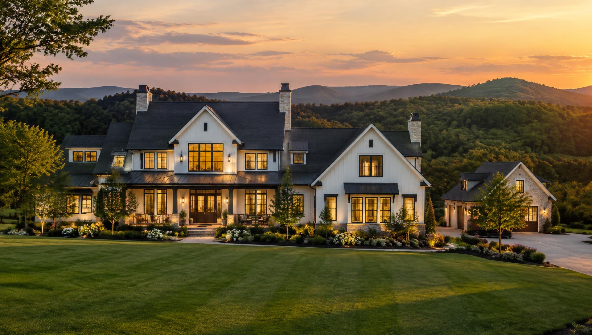 Luxury white farmhouse-style home at sunset with glowing windows and wooded hills behind