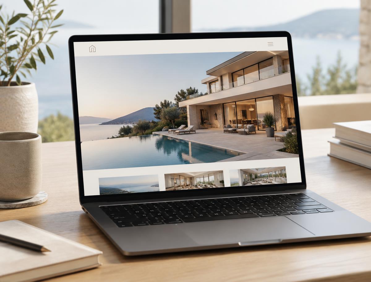 Laptop displaying a property landing page with a large home photo