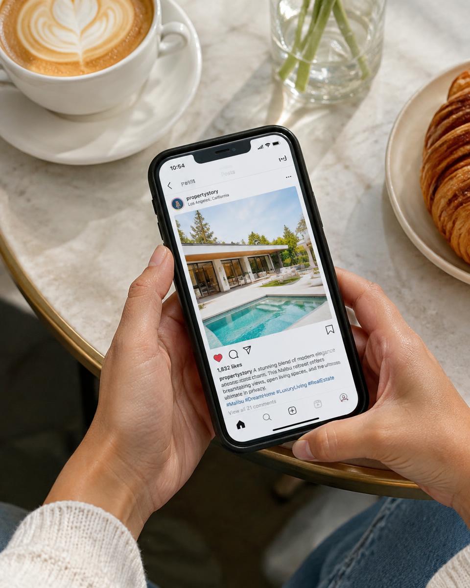 Hands holding a phone showing a home listing on social media