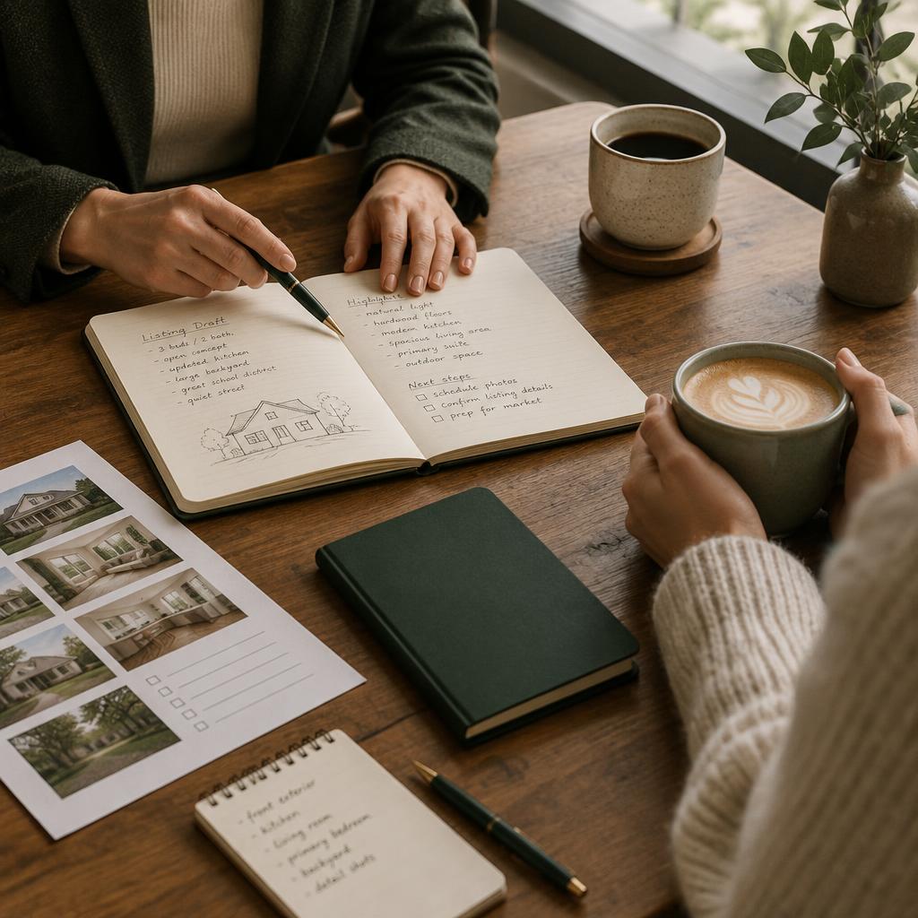 Hands, notebooks, and coffee cups during a home marketing planning meeting