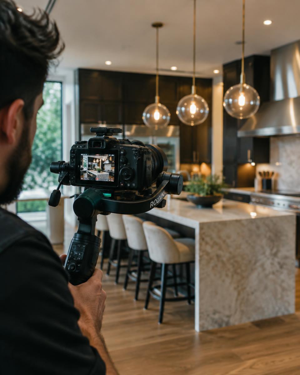 Videographer filming a kitchen walkthrough with a camera on a gimbal